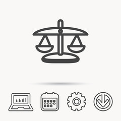 Scales of Justice icon. Law and judge sign. Measurement tool symbol. Notebook, Calendar and Cogwheel signs. Download arrow web icon. Vector