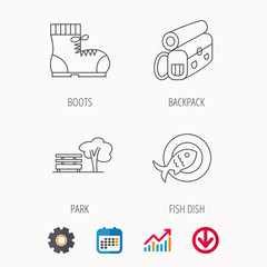 Park, backpack and hiking boots icons. Fish dish linear sign. Calendar, Graph chart and Cogwheel signs. Download colored web icon. Vector