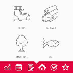 Maple tree, fish and hiking boots. Backpack linear sign. Edit document, Calendar and Graph chart signs. Star, Check and House web icons. Vector