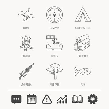 Pine tree, fishing float and hiking boots icons. Compass, umbrella and bonfire linear signs. Camping tent, fish and backpack icons. Education book, Graph chart and Chat signs. Vector