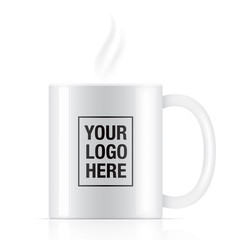 White vector coffee mug template isolated on background. Steam coming up from a white vector coffee mug.