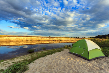 Tourist tent in forest camp.