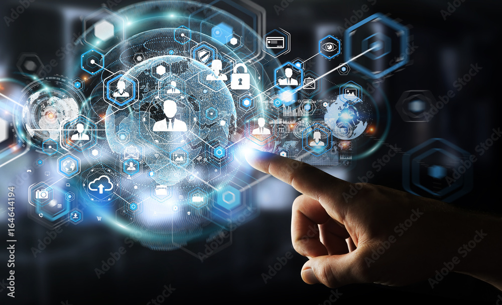 Aufkleber Businessman using social network interface 3D rendering