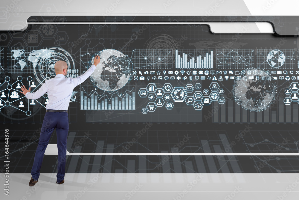 Poster Businessman using graph screens interface on a board 3D rendering
