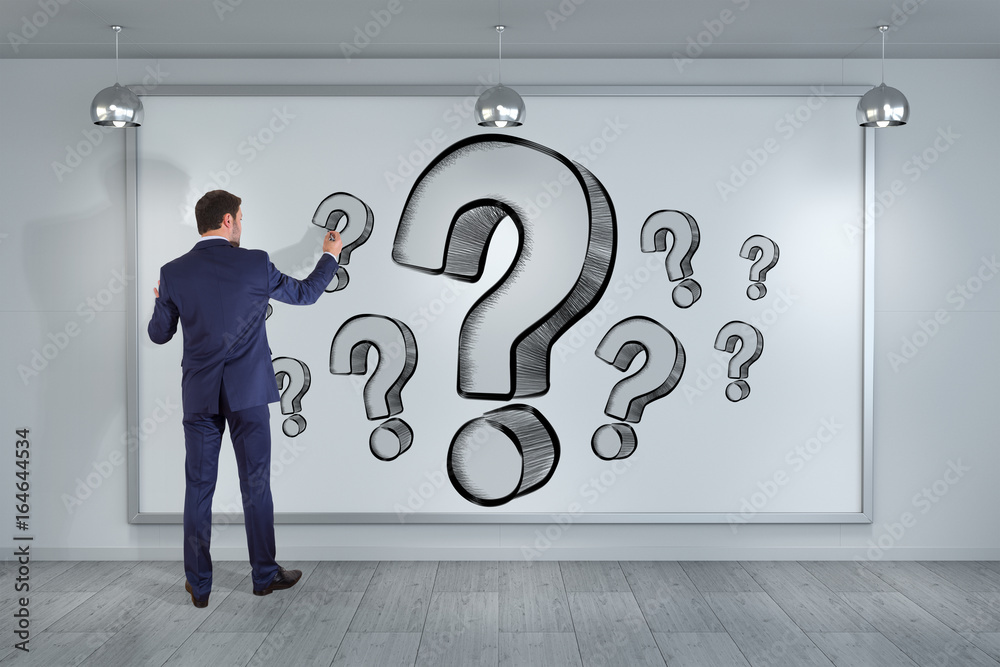 Aufkleber businessman drawing question marks sketch on a board 3d rendering