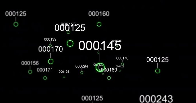 Camera moves through digital data landscape with ticking information