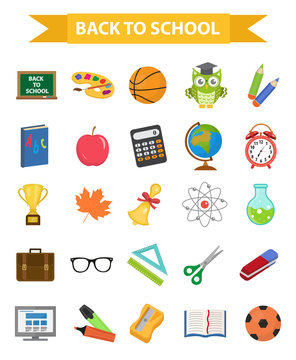 Back to school icon set, flat, cartoon style. Education collection of design elements with stationery, pencil, pen, eraser, globe. Isolated on white background. Vector illustration, clip-art