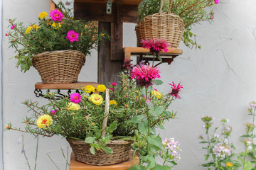 baskets of colorful flowers on a wooden stand