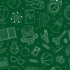 Back to school seamless pattern, hand drawing, doodle style. Stationery endless background. Education Line repeating texture. Vector illustration