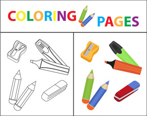 Coloring book page. Back to school set, marker, pencils, sharpener, eraser. Sketch outline and color version. Coloring for kids. Childrens education. Vector illustration