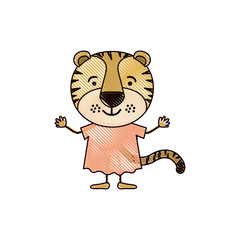 color crayon silhouette caricature of cute tiger in dress vector illustration