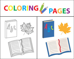 Coloring book page. Back to school set, book, primer. Sketch outline and color version. Coloring for kids. Childrens education. Vector illustration