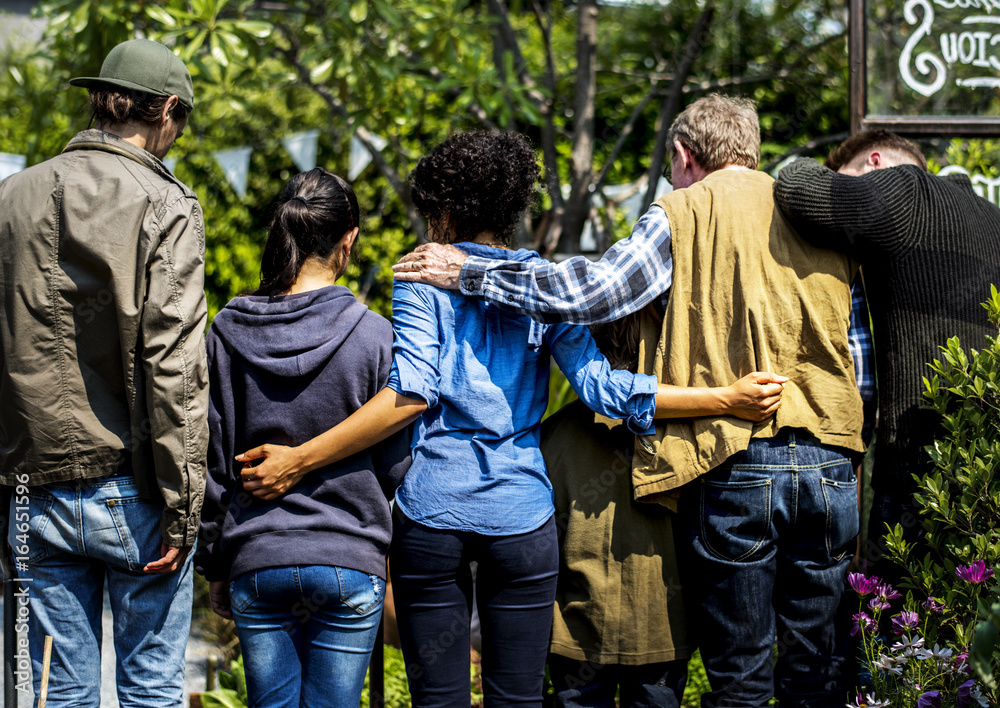 Poster Group of people support unity arm around together