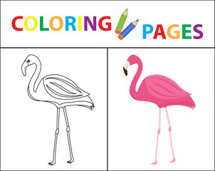 Coloring book page. Flamingo. Sketch outline and color version. Coloring for kids. Childrens education. Vector illustration