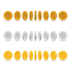 Set of game icons of silver, gold and bronze coins isolated on white background. Coin rotation steps vector illustration. Game asset elements collection.