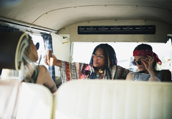 Group of Diverse Friends on Road Trip Taking Selfie Together
