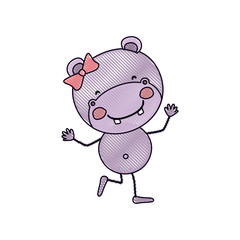 Obraz na płótnie Canvas color crayon silhouette caricature of cute expression female hippo in dance pose with bow lace vector illustration