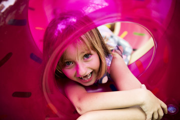 Obraz na płótnie Canvas Closeup of caucasian girl with inflatable tube