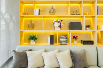 Modern design interior with leather sofa and bookshelves