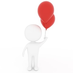 small people hold red balloons on isolated white in 3D rendering