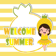 Summer greeting card with cute pineapple girl frame on striped background vector cartoon for summer postcard and invitation card
