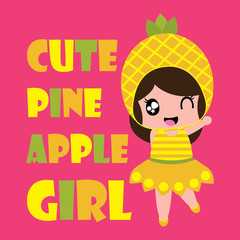 Summer vector cartoon with cute pineapple girl on pink background for kid t-shirt background and wallpaper
