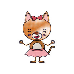 color crayon silhouette caricature of cute female cat in skirt with bow lace with happiness expression and smiling vector illustration