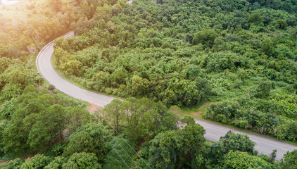road in the mountains surrounded by a green forest