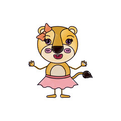 color crayon silhouette caricature half body of female lioness with bow lace and happiness expression vector illustration