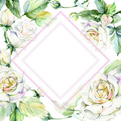 Wildflower rose flower frame in a watercolor style. Full name of the plant: rose. Aquarelle wild flower for background, texture, wrapper pattern, frame or border.