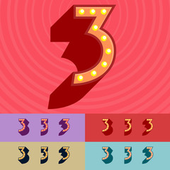 Vector vintage light up set of Alphabet Letters, Symbols, Numbers. Graphic style Font. Number 3