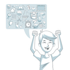 white background with color silhouette shading of dialog box with set school elements and boy student happiness