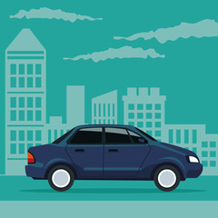 color poster city landscape with automobile vehicle transport