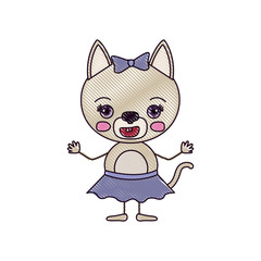 color crayon silhouette caricature of cute female cat in skirt with bow lace with happiness expression and smile vector illustration