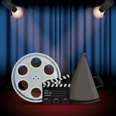 color background stage cinema curtain with spotlights and film reel and director megaphone and clapperboard