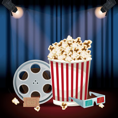 color background stage cinema curtain with spotlights and film reel and popcorn pack and soda