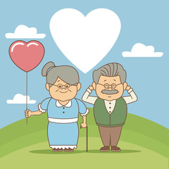 color background scene in landscape elderly couple with balloon in heart shape in grass happy grandparents day