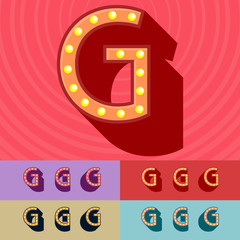 Vector vintage light up set of Alphabet Letters, Symbols, Numbers. Graphic style Font. Uppercase letter G
