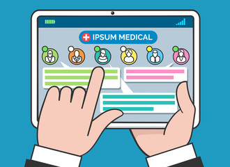 Tablet medical consulting and treatment concept. Telehealth or remote doctor and patient chat vector illustration