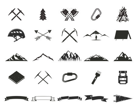 Mountain expedition silhouett icons set. Climb and camping shapes collection. Simple black pictograms. Use for creating logo, labels and other adventure designs. isolated on white