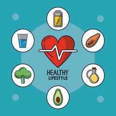 blue poster of healthy lifestyle with heart pulse and healthy icons around