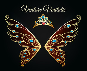 Wings and tiara princess jewelry gold logo. Luxury jewellery diamond fashion vector emblem © vectortatu