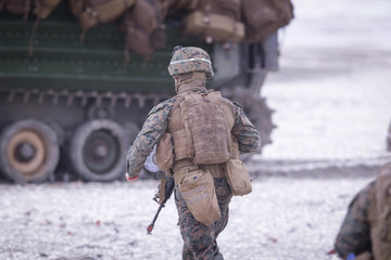 CAPU MIDIA, ROMANIA - MARCH 18: US and Romanian soldiers take part at a NATO military exercise, on 18 March 2017, in Capu Midia, Romania.