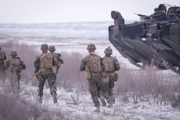 Soldiers from US Navy Amphibious Squadron 8 assault an enemy strong point during a NATO military...