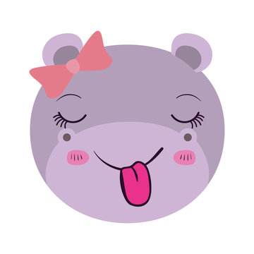 colorful caricature facef emale hippo animal sticking out tongue expression with bow lace vector illustration
