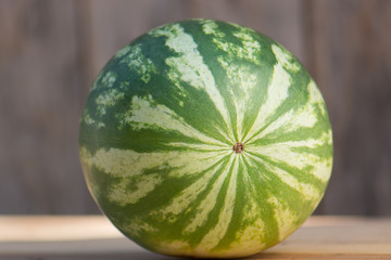 Whole watermelon. Closeup. Isolated. Background. On a wooden table.