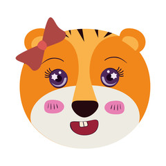 colorful caricature cute face of female tigress animal with bow lace and smiling expression vector illustration