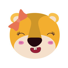 colorful caricature cute face female lioness animal smiling expression with bow lace vector illustration