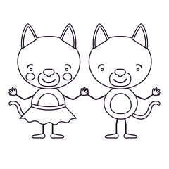sketch silhouette caricature with couple of kittens holding hands vector illustration