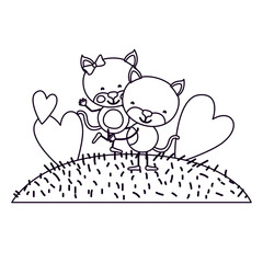 sketch silhouette scene landscape and grass with caricature couple of cats one carrying the other vector illustration